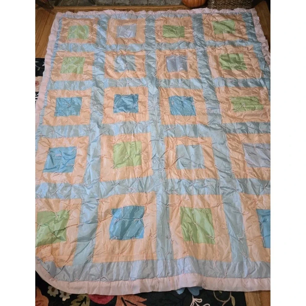 Vintage Handmade Quilt 72x89 Retro Nylon Silky Material Pastel Patchwork Blanket